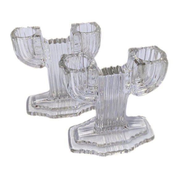 Vintage 1940s Art Deco Anchor Hocking Queen Mary Glass Candle Holders Set of 2 - Picture 1 of 7